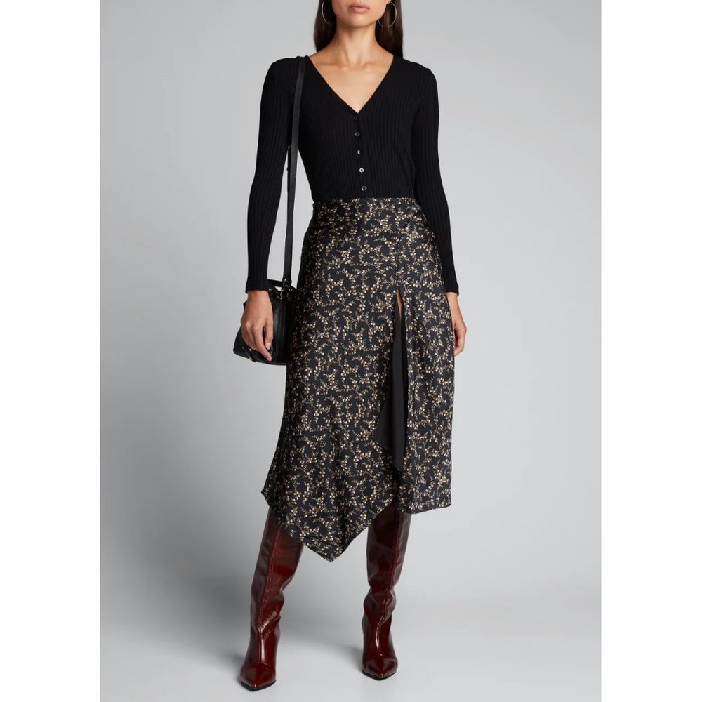 Jonathan Simkhai Black Silk Handerkerchief Floral Print Midi Skirt - Picture 9 of 10